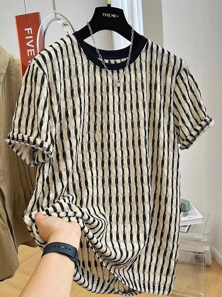 Black striped men's loose pullover shirt with short sleeves made from linen and silk blend fabric