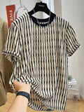 Black striped men's loose pullover shirt with short sleeves made from linen and silk blend fabric