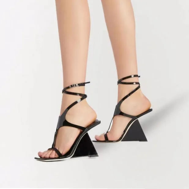 Women's black high heel sandals with 9.5cm rubber heels and square toe design