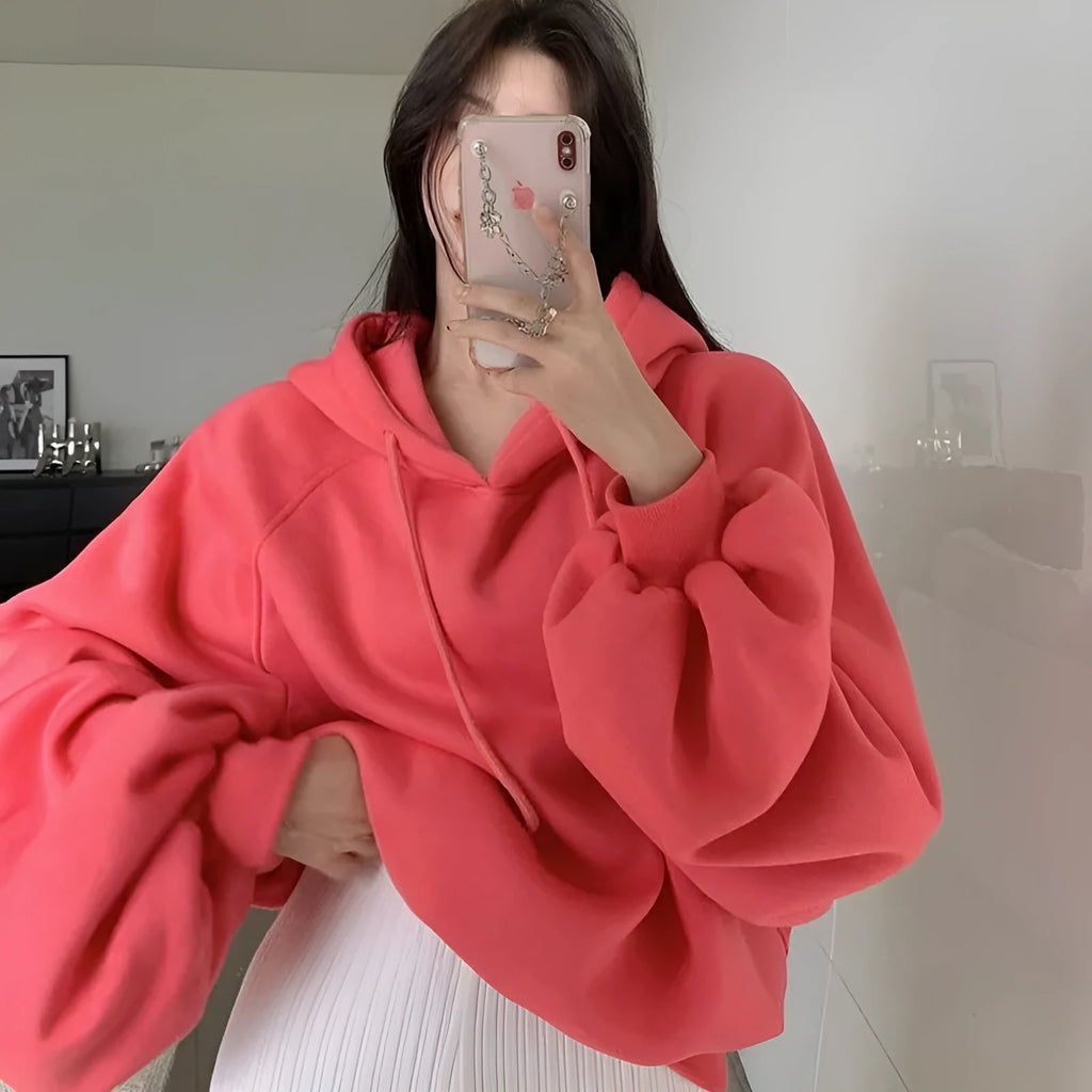 Women's loose mulberry silk hooded sweater in watermelon red colour without sleeves
