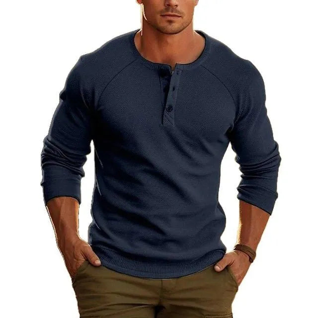 Men's white long-sleeved T-shirt with Henry collar detail on hanger