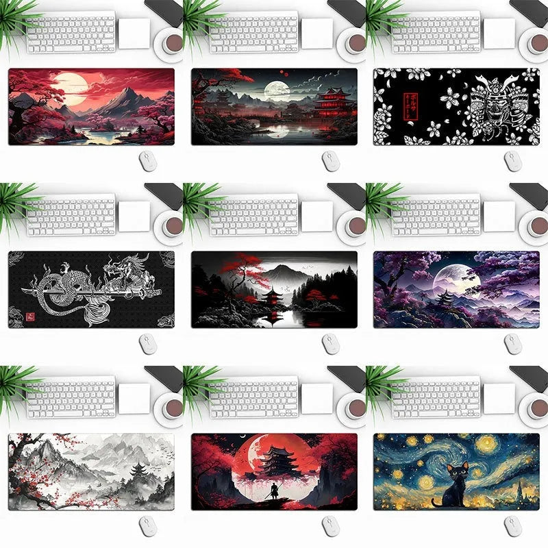 Gaming mouse pad with anime graphic design on a desk, showing non-slip rubber cloth base