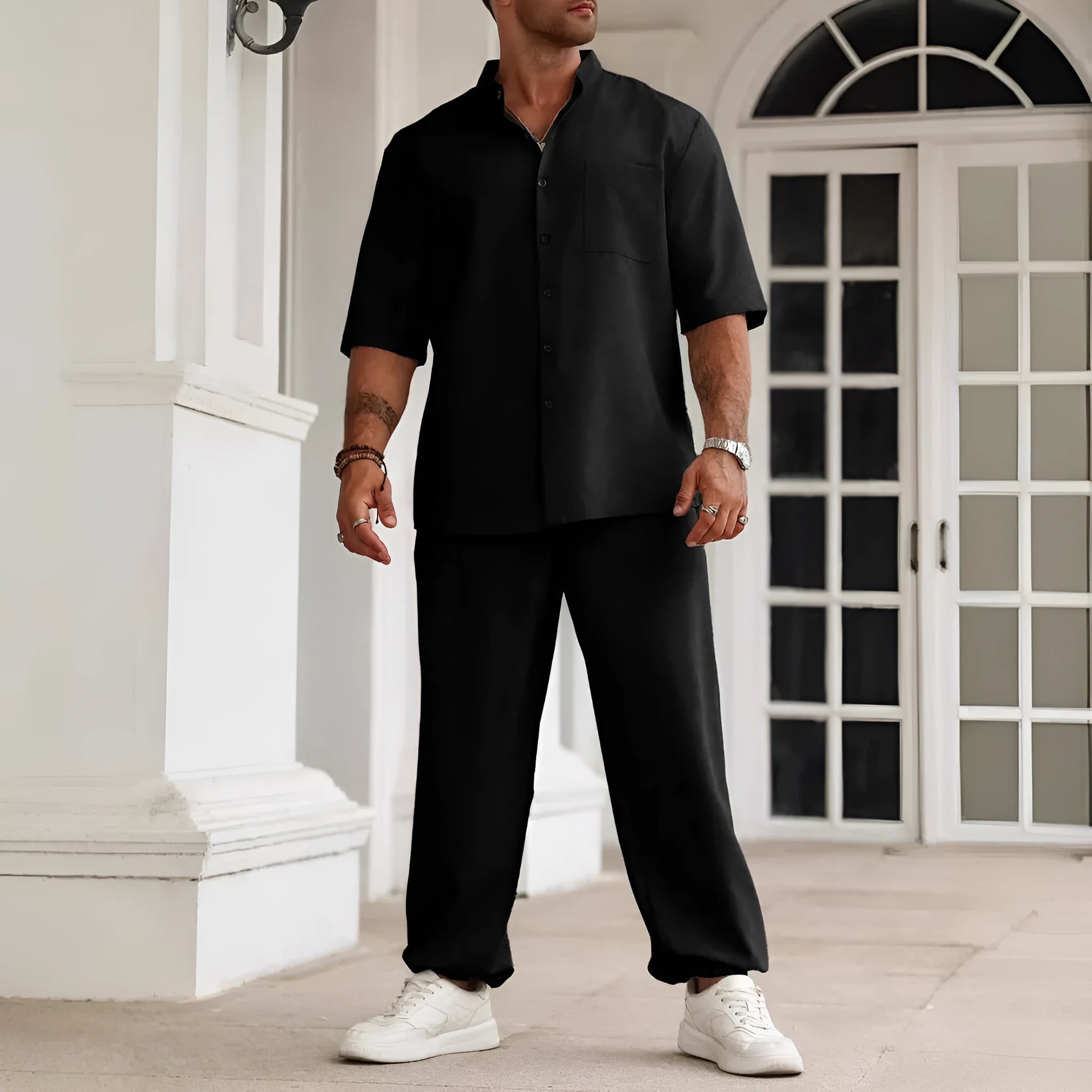 Men's casual cotton linen button short-sleeved shirt and trouser set in three colour options