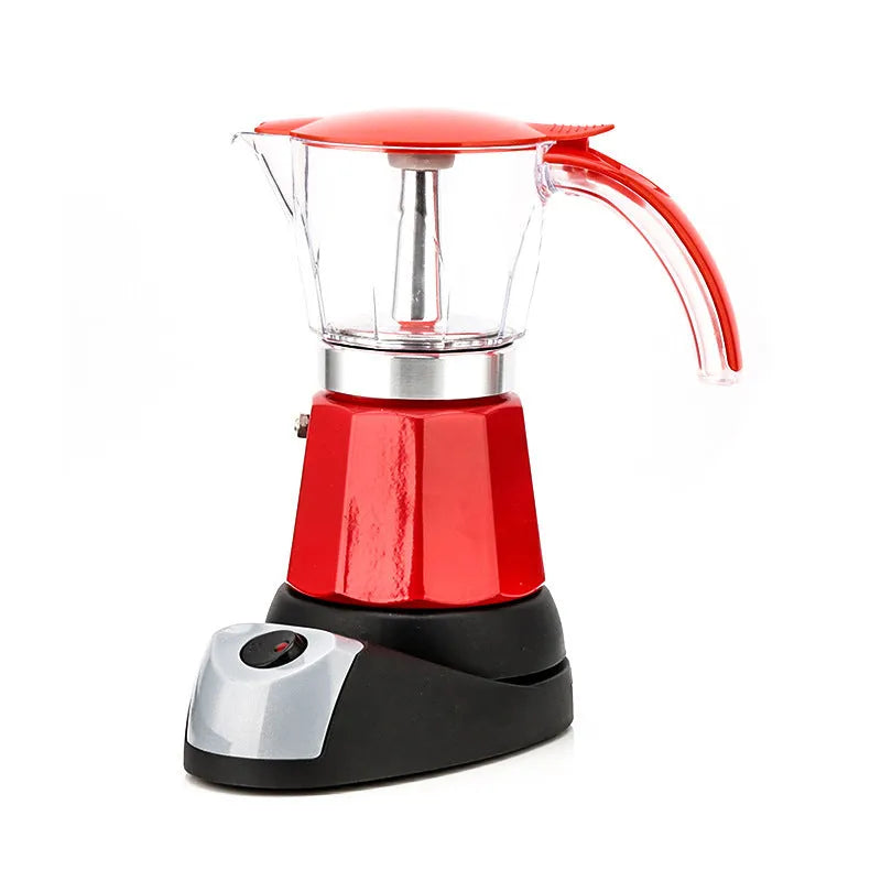 Octagonal electric Moka pot in silver aluminium with EU plug on a kitchen countertop