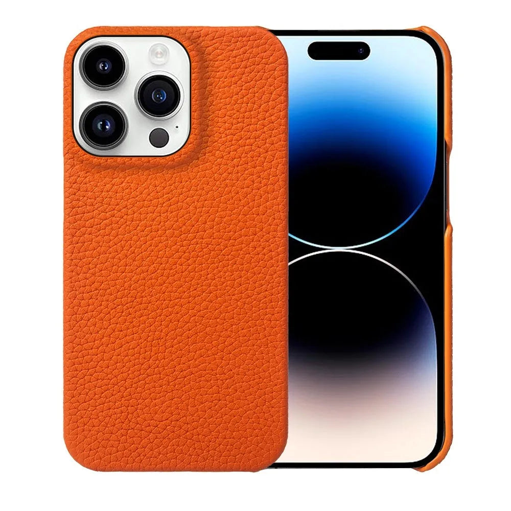 Genuine leather half pack phone case for iPhone 16 in orange colour with anti-fingerprint finish