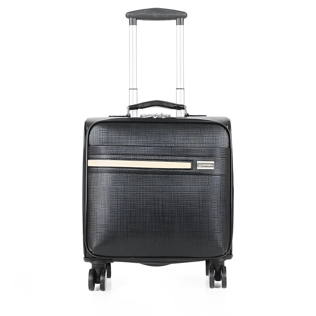 Black PU leather wheeled business case with airplane-style wheels and extended handle