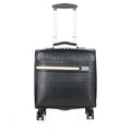 Black PU leather wheeled business case with airplane-style wheels and extended handle