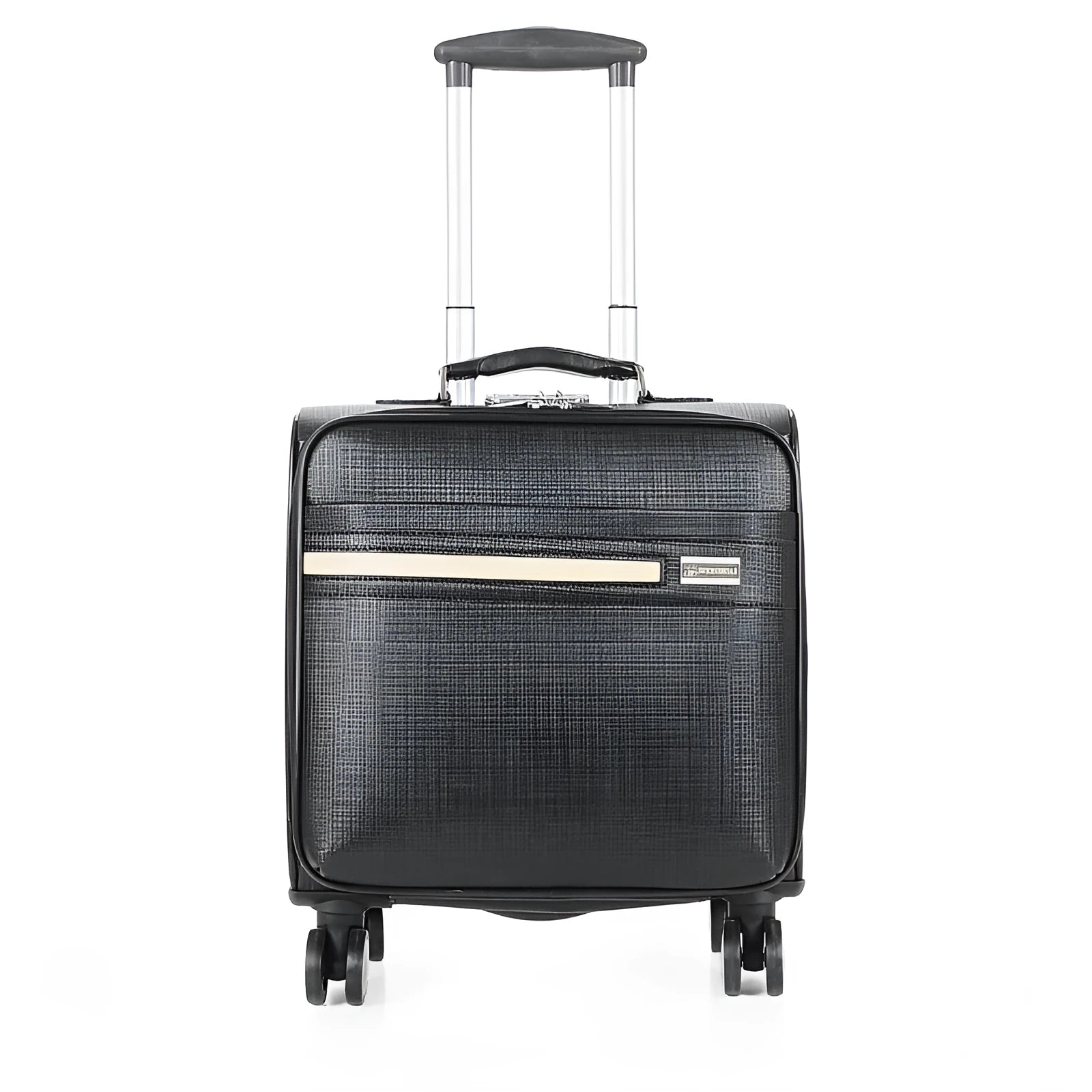 Black PU leather wheeled business case with airplane-style wheels and extended handle