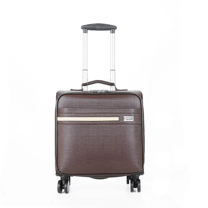 Black PU leather wheeled business case with airplane-style wheels and extended handle