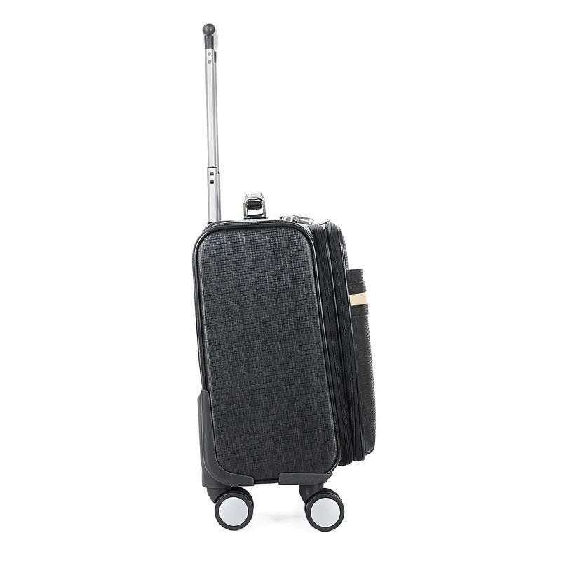 Black PU leather wheeled business case with airplane-style wheels and extended handle