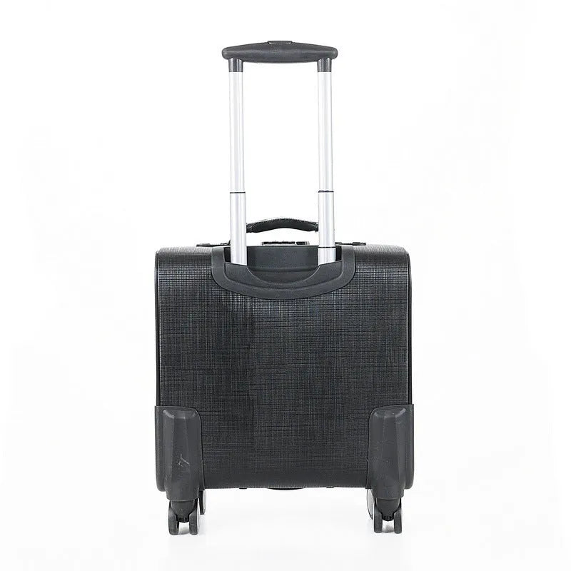 Black PU leather wheeled business case with airplane-style wheels and extended handle