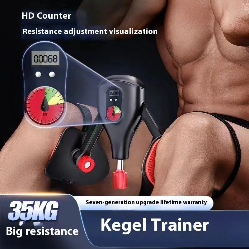 Men's black Kegel trainer for PC muscle exercise with attached straps on a grey background.