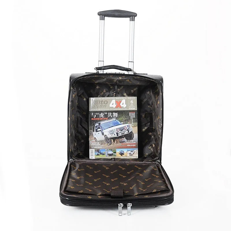 Black PU leather wheeled business case with airplane-style wheels and extended handle