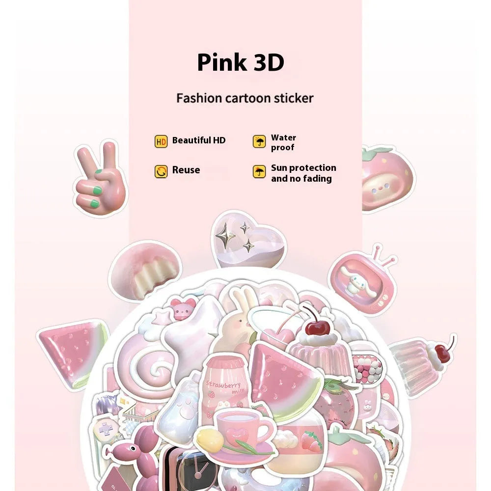 63 piece set of pink 3D girl heart decorative stickers in cute style on a sheet.