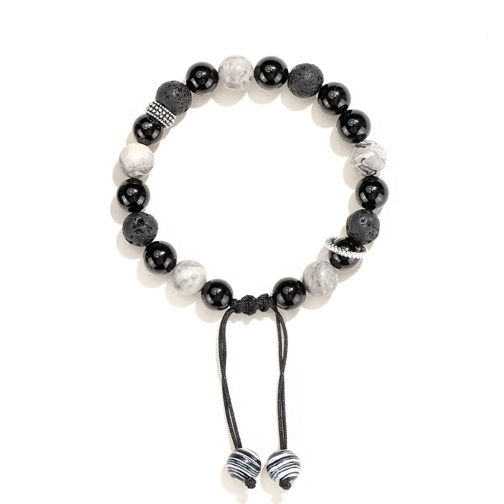Black agate map stone volcanic rock bracelet with diamond shape elements, 10mm and 8mm sizes