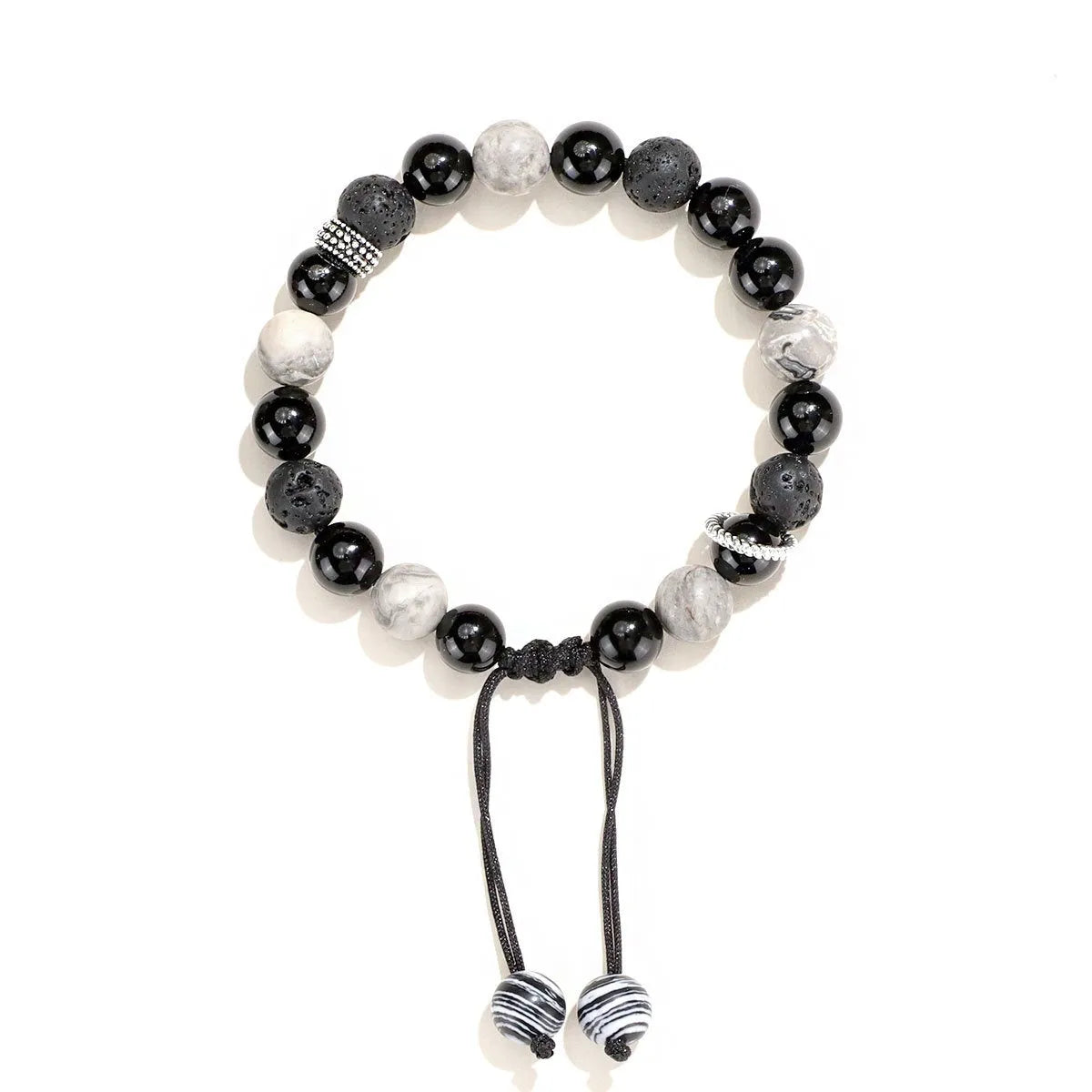 Black agate map stone volcanic rock bracelet with diamond shape elements, 10mm and 8mm sizes