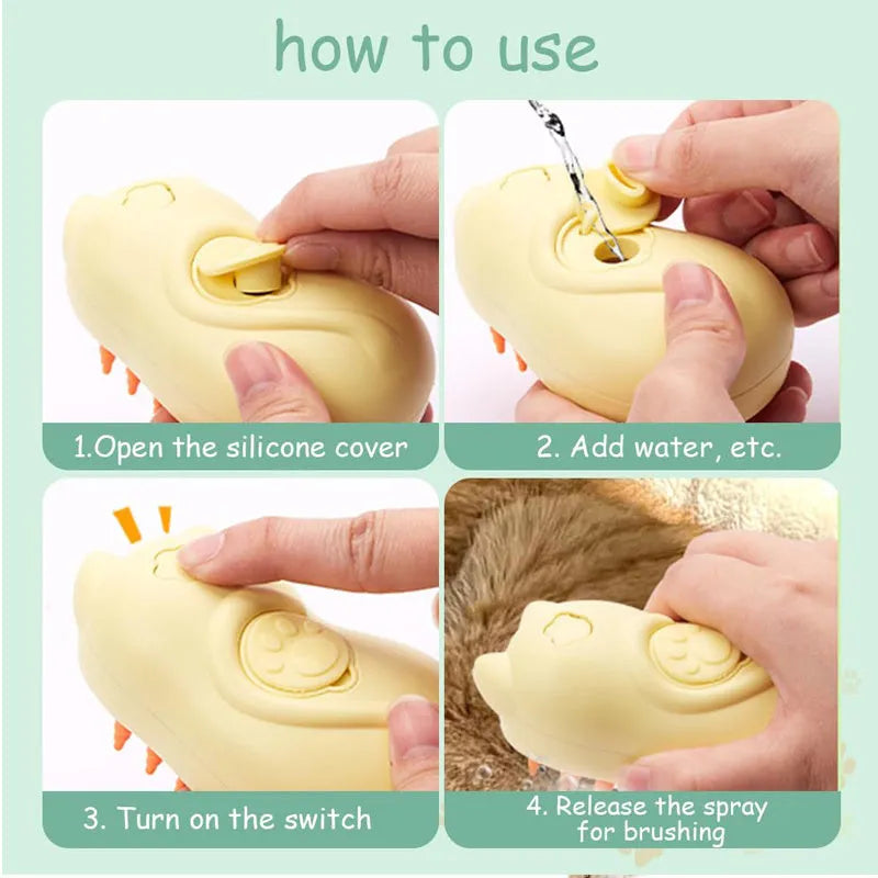 3-in-1 steamy pet brush with button for grooming cats and dogs, showing medium-sized handle.