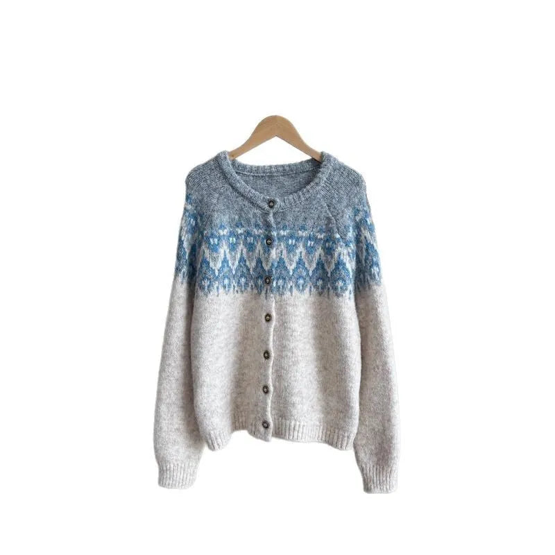 Women's loose fit jacquard sweater coat in milky white, brown, or navy blue.