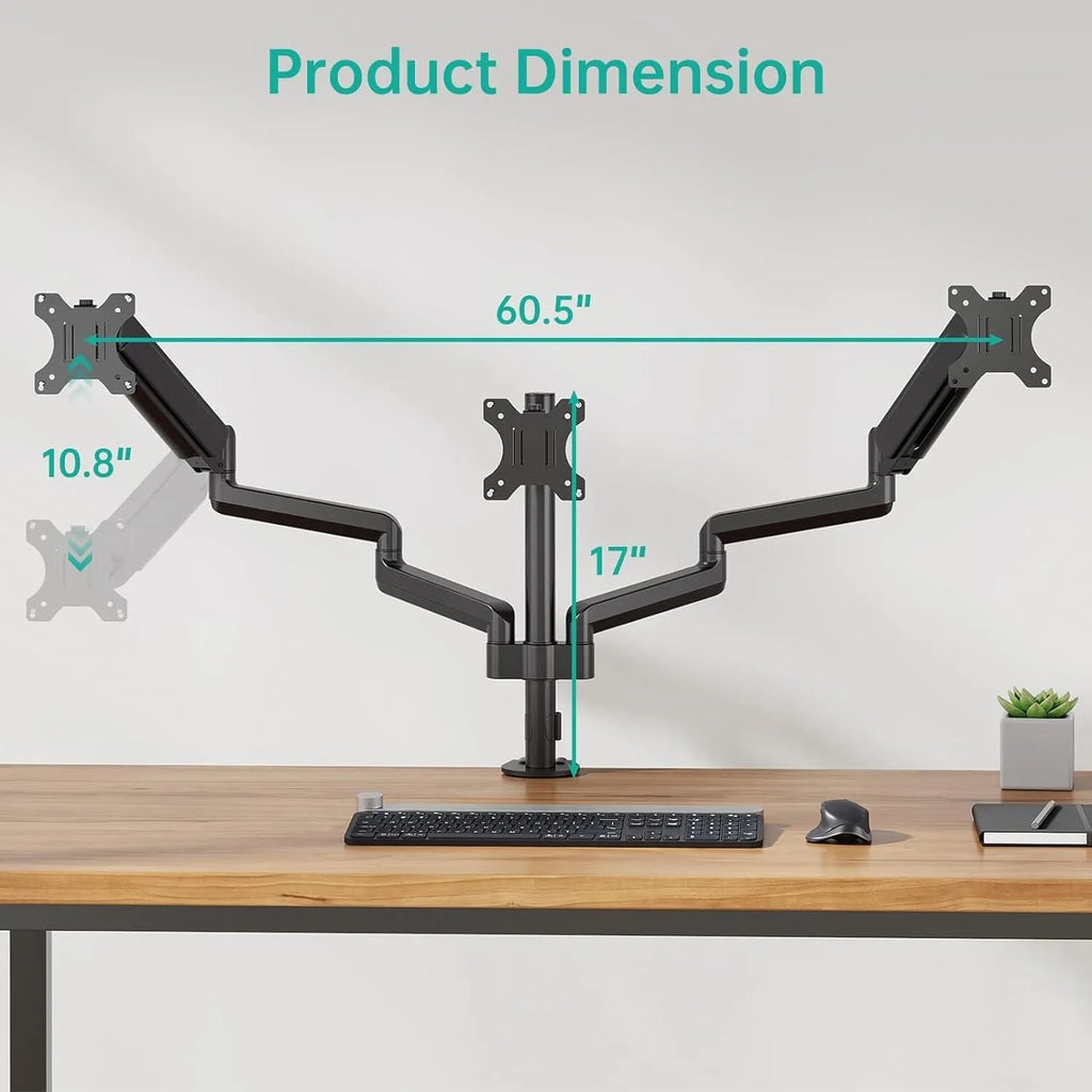 Black three-arm gas spring computer monitor arm for 13 to 27 inch screens with aluminium alloy construction