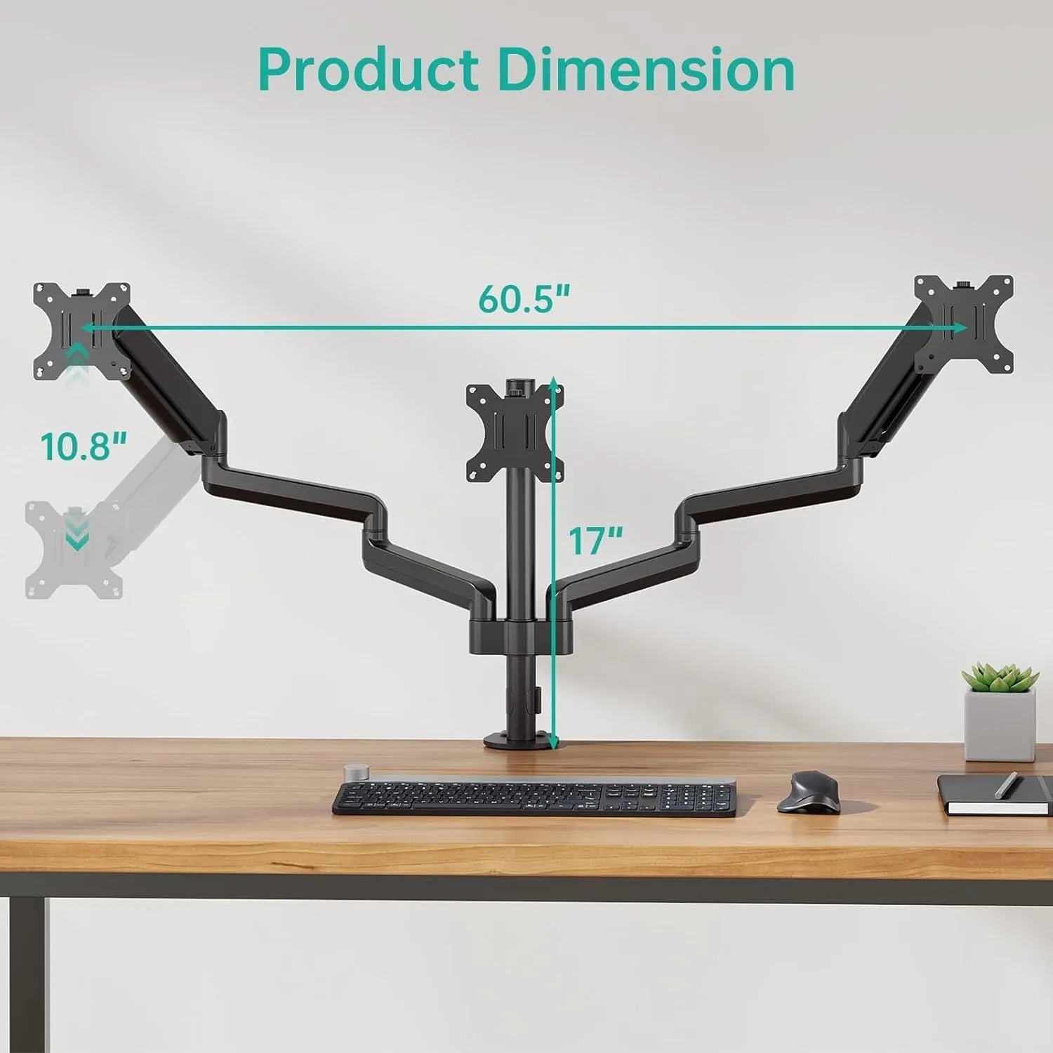 Black three-arm gas spring computer monitor arm for 13 to 27 inch screens with aluminium alloy construction
