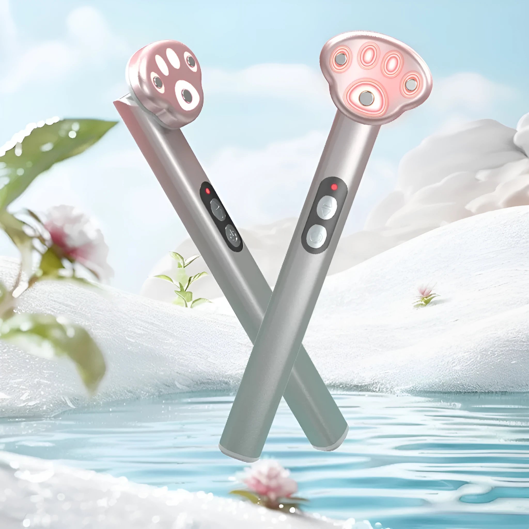 Gradient pink cats paw shaped micro-current eye massager on a white background