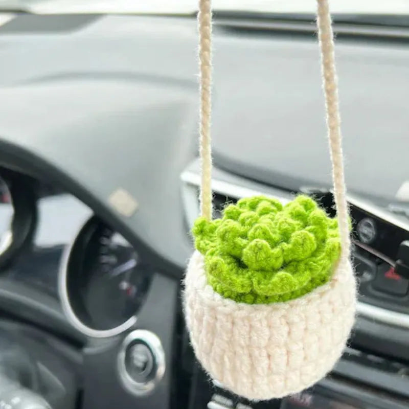 Green and white knitted wool succulent car ornament with 8cm base and hanging cord