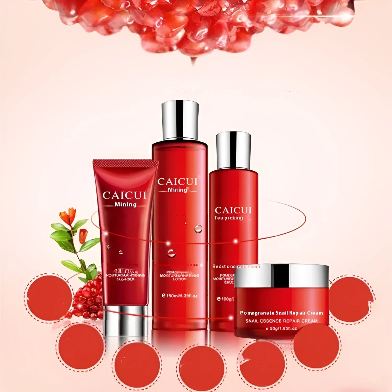 Pomegranate skincare set showing red bottles of face wash, toner, lotion, and facial cream.