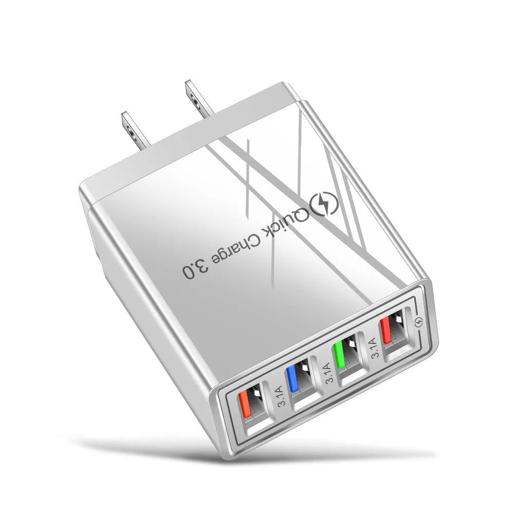 Compact luminous 4-port USB travel charger plug in dark blue colour, showing EU plug and LED light.