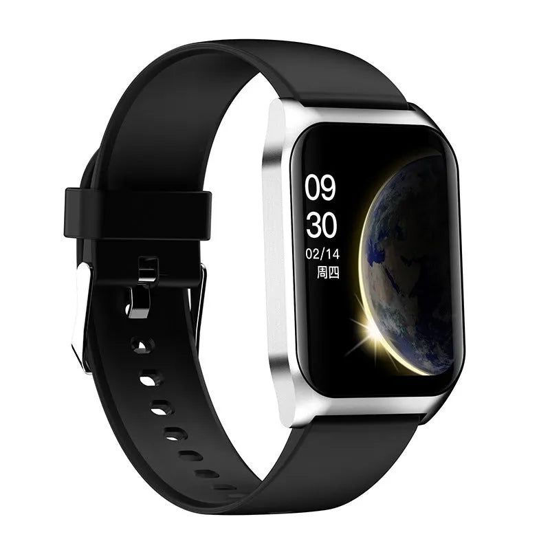 Black and silver smart watch with heart rate monitor on a silicone wrist strap, showing a 1.69-inch display
