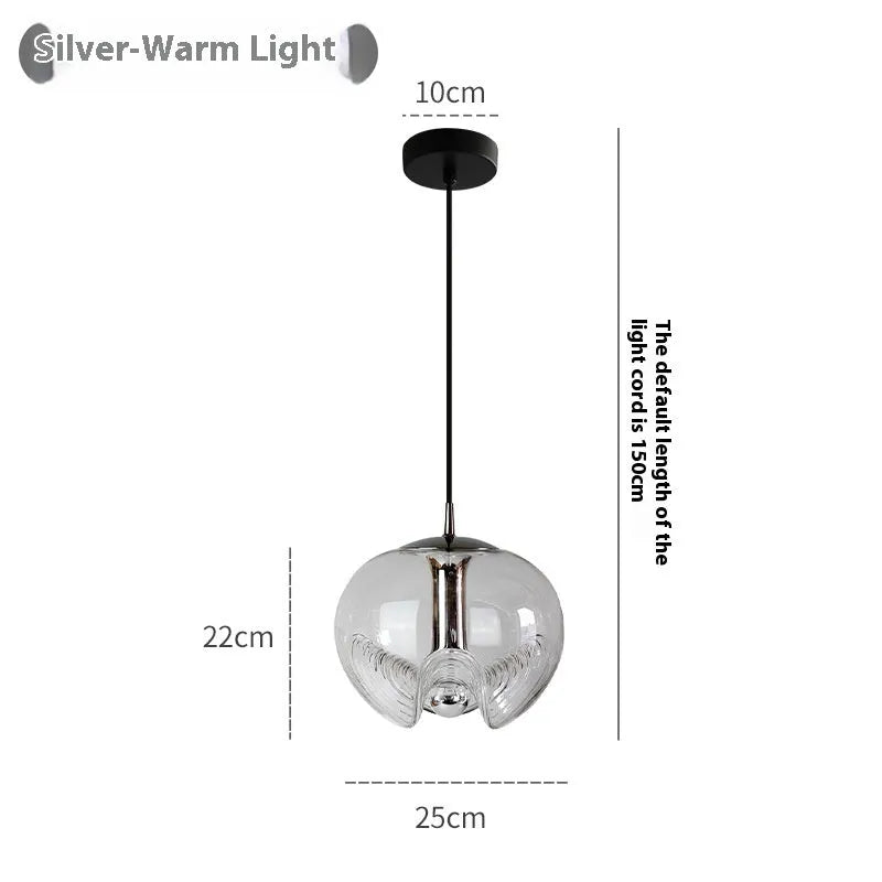 Modern minimalist glass chandelier with 25cm diameter, shown in transparent, amber, or smoky gray colour options.