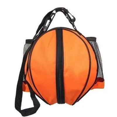 Black Oxford cloth basketball bag with one shoulder strap, shown next to a basketball.