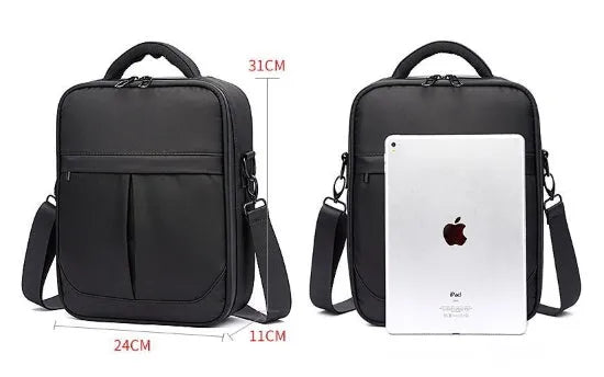 Black Oxford fabric men's messenger bag showing main compartment.