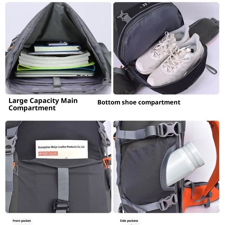 35L outdoor hiking backpack in black nylon with breathable back panel and SOS whistle