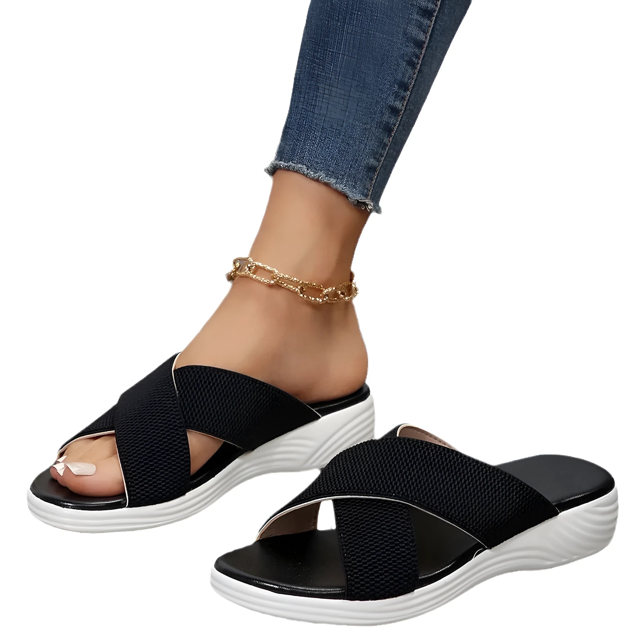 Black women's wedge slipper with a cross strap and open peep-toe on a thick rubber sole.