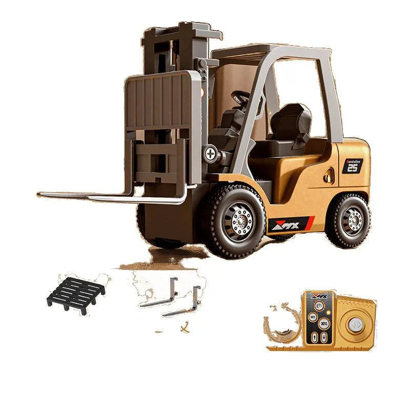 1:64 scale alloy remote control forklift with Bluetooth operation, cargo hook, and loading accessories