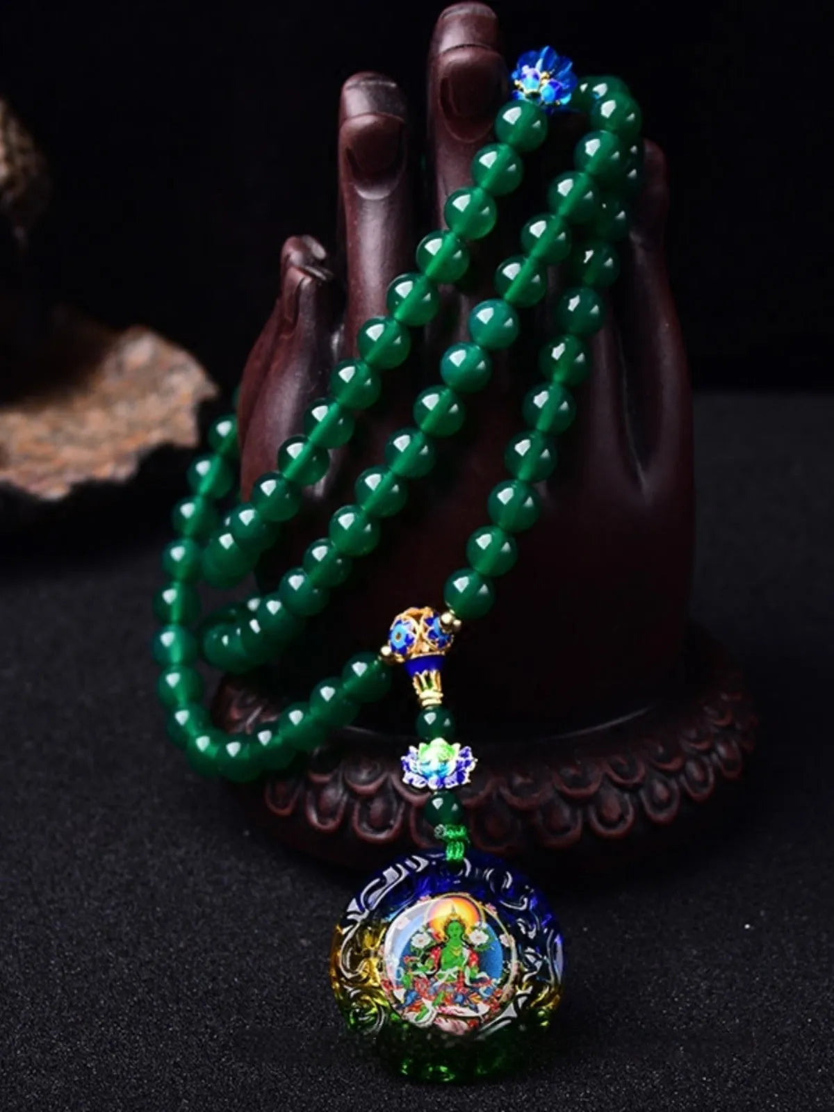 Handmade natural green agate 108 thangka pendant multi-circle bracelet with certification