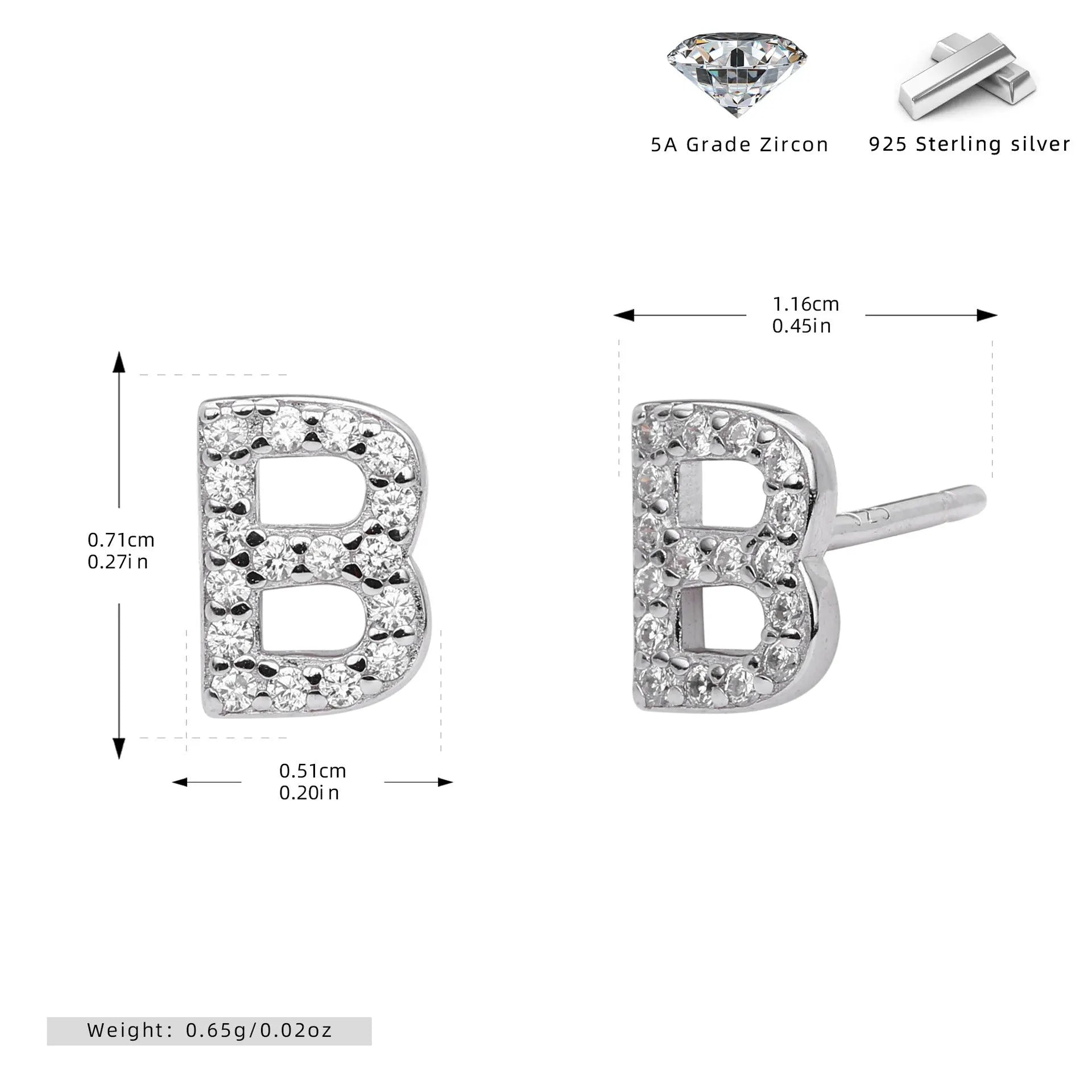 925 silver letter ear stud with electroplated gold finish, alphabet motif