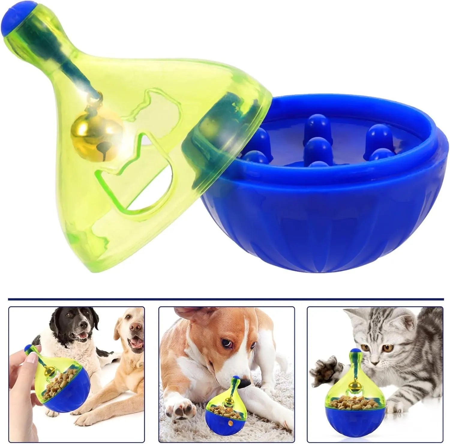 Blue interactive pet treat dispenser tumbler ball for dogs and cats on a wooden floor