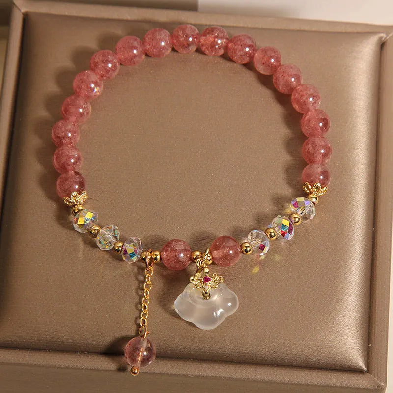 Women's strawberry quartz and white agate crystal bracelet with auspicious cloud charms