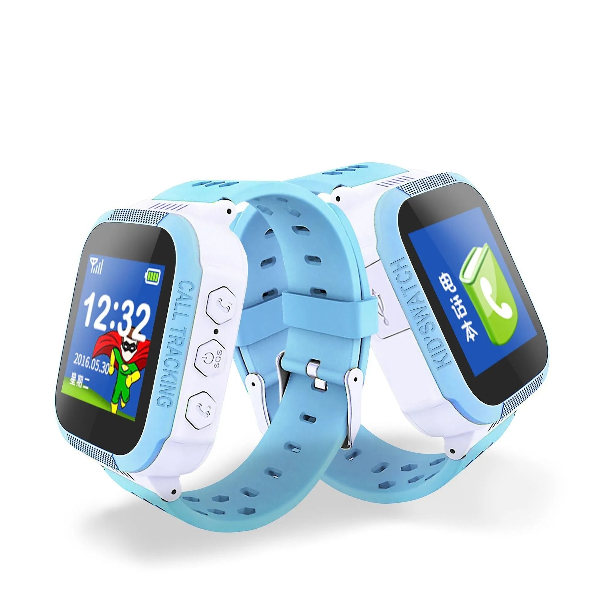 Blue and pink children's phone watch with 1.44 inch IPS screen showing dual language options