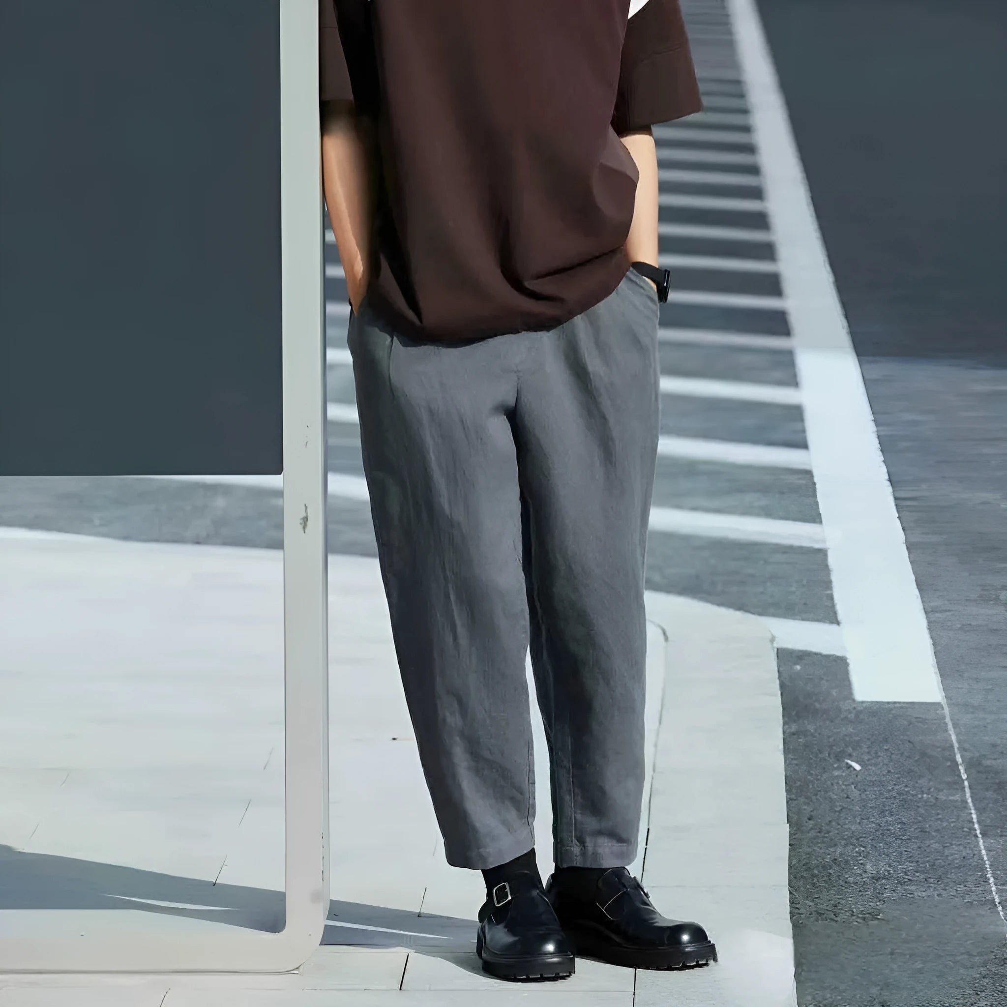 Men's loose straight-leg casual pants with drawstring waist in multiple colour options