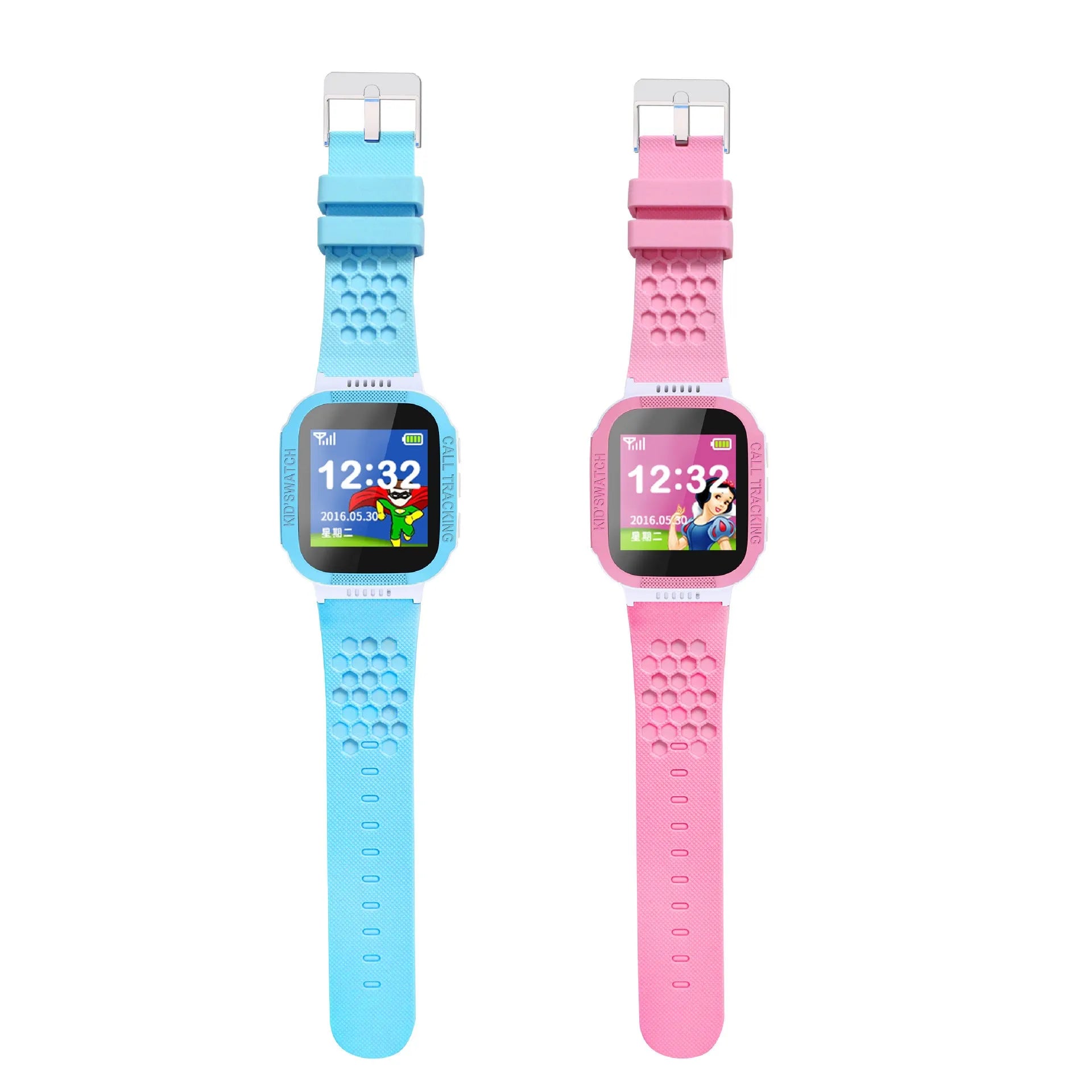 Blue and pink children's phone watch with 1.44 inch IPS screen showing dual language options