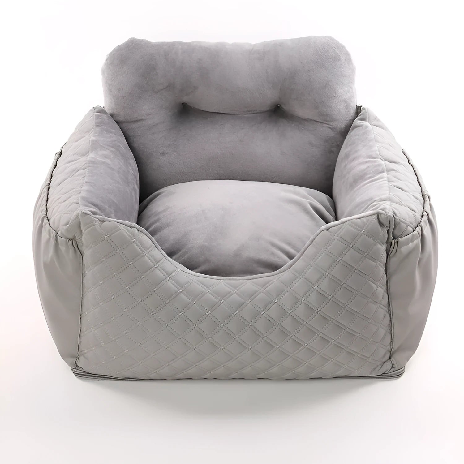 Grey cloth pet dog car kennel with cushion seat measuring 50x40x40cm for portable use