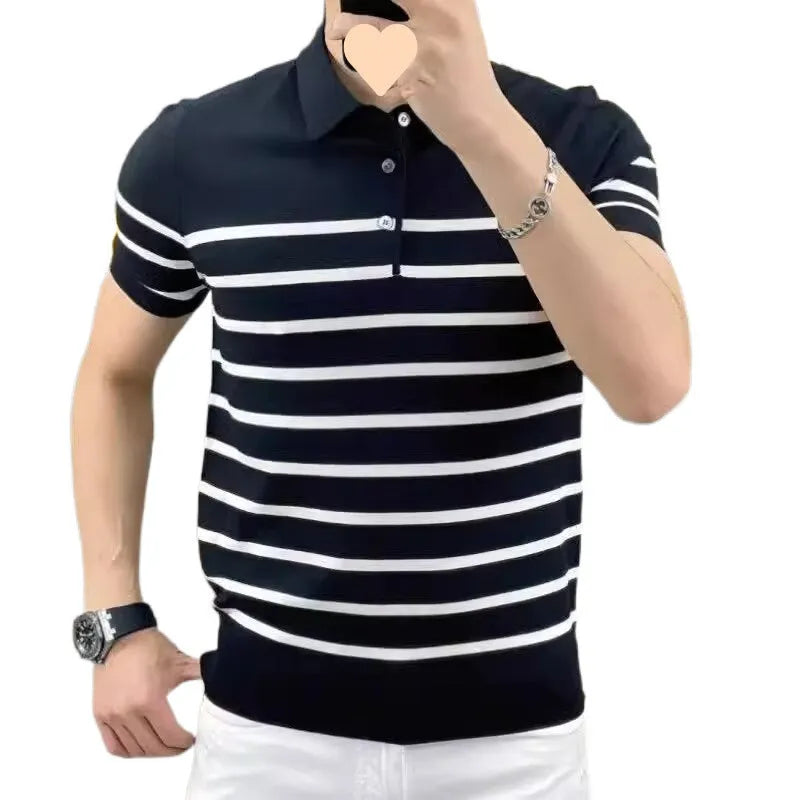 Black and white striped long-sleeve T-shirt with a lapel neckline on a hanger.