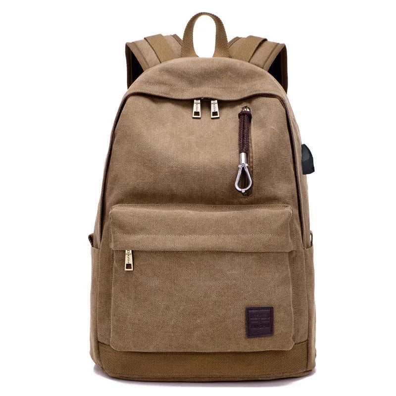 Canvas backpack with USB charging port in grey colour showing multiple compartments