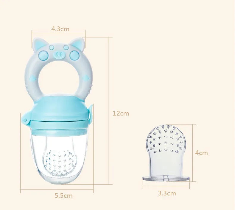 A blue silicone baby teether with a textured surface for infant gum relief.