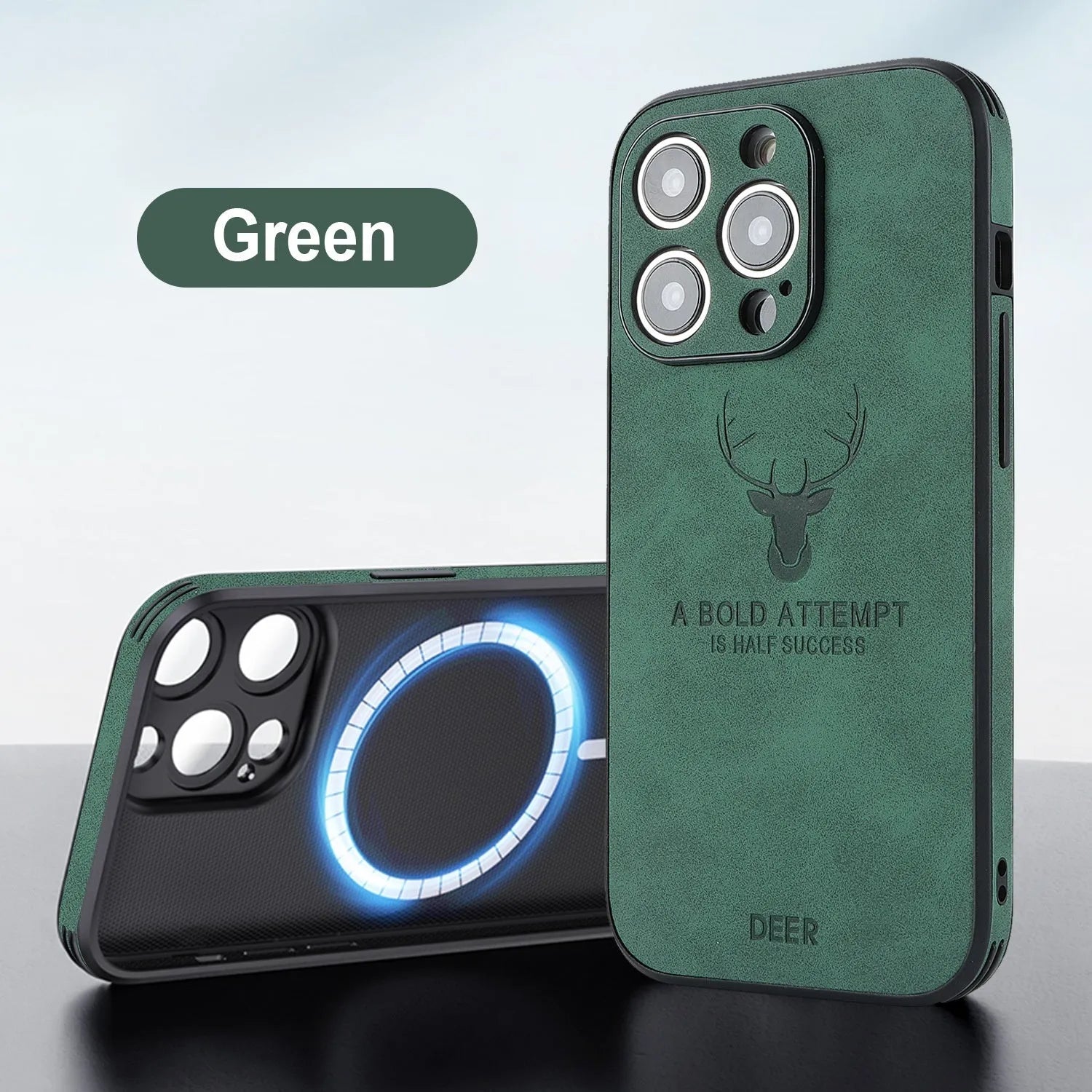 iPhone 16 magnetic charging case with embossed moose head design in imitation leather.