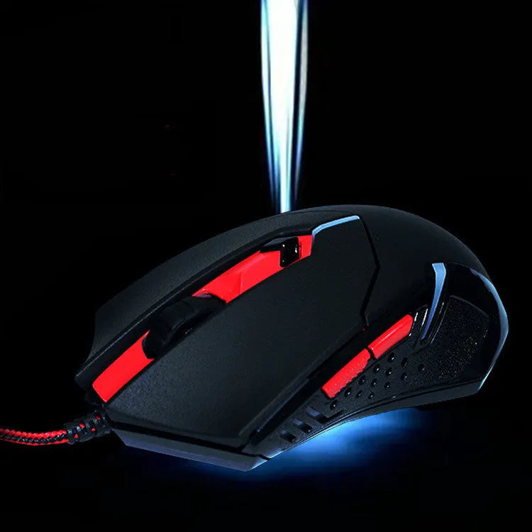 Black and red USB wired optical gaming mouse with six buttons and ergonomic shape