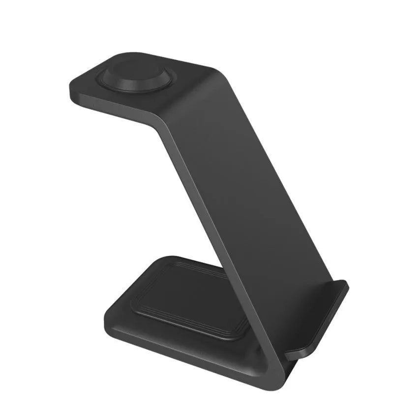 White 3-in-1 upright wireless phone charger with dual coil technology and Type-C cable