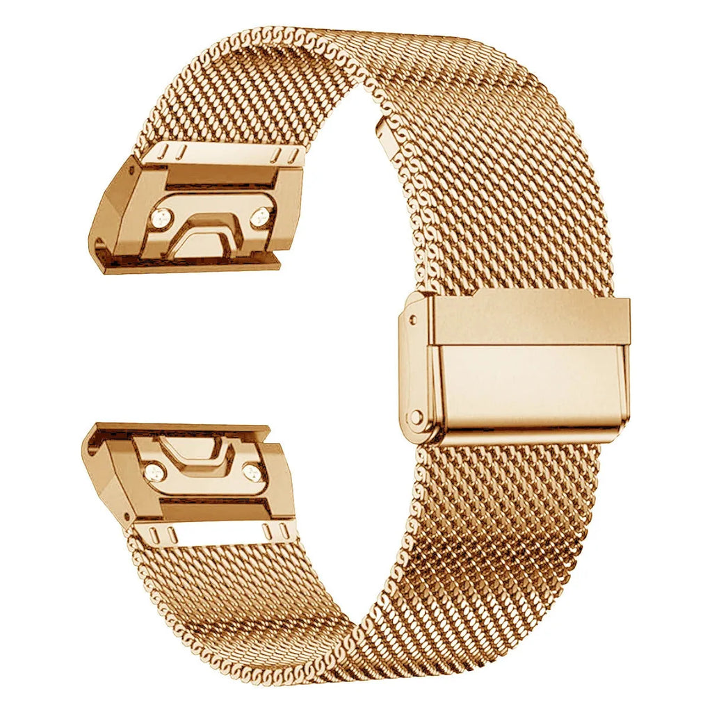 Stainless steel replacement watch strap for Garmin Fenix 7 and 6 models in silver, black, gold, or rose gold.
